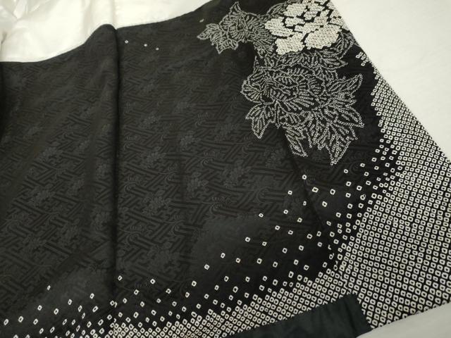 平和屋着物●訪問着　総絞り　草花文　黒地　正絹　逸品　AABK1836cs