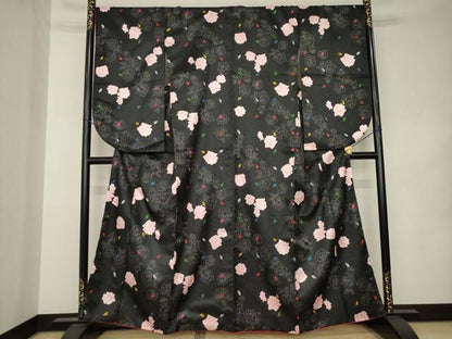 平和屋着物●小振袖　二尺袖　舞花文　薔薇　バラ　黒地　銀通し地　洗える着物　AABK1854ck