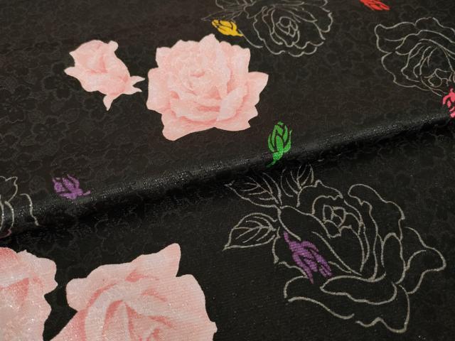 平和屋着物●小振袖　二尺袖　舞花文　薔薇　バラ　黒地　銀通し地　洗える着物　AABK1854ck