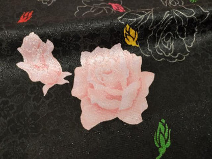平和屋着物●小振袖　二尺袖　舞花文　薔薇　バラ　黒地　銀通し地　洗える着物　AABK1854ck