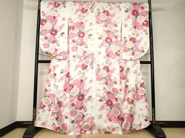平和屋着物●小振袖　二尺袖　舞花文　薔薇　バラ　金彩　洗える着物　AABK1855ck