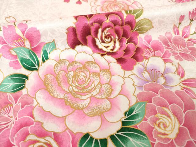 平和屋着物●小振袖　二尺袖　舞花文　薔薇　バラ　金彩　洗える着物　AABK1855ck