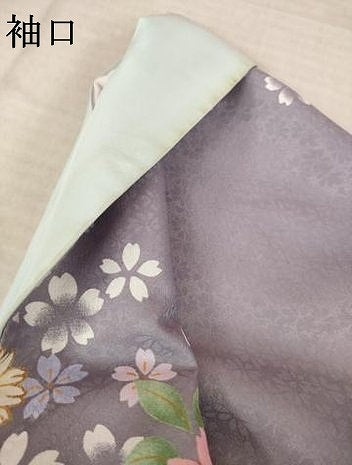 平和屋着物●小振袖　二尺袖　流水花文　金彩　洗える着物　AABK1860ck