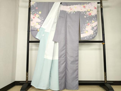 平和屋着物●小振袖　二尺袖　流水花文　金彩　洗える着物　AABK1860ck