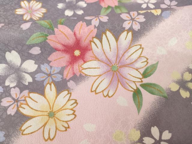 平和屋着物●小振袖　二尺袖　流水花文　金彩　洗える着物　AABK1860ck