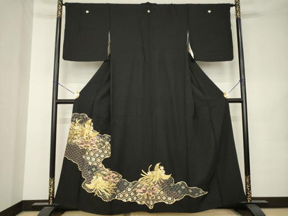 平和屋着物●豪華黒留袖　駒刺繍　道長鳳凰松文　正絹　逸品　AABK1866ck