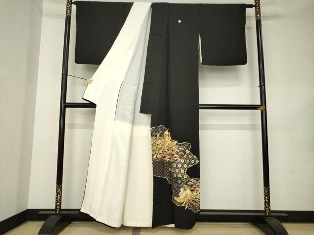 平和屋着物●豪華黒留袖　駒刺繍　道長鳳凰松文　正絹　逸品　AABK1866ck