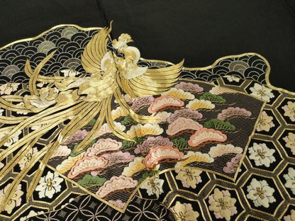 平和屋着物●豪華黒留袖　駒刺繍　道長鳳凰松文　正絹　逸品　AABK1866ck