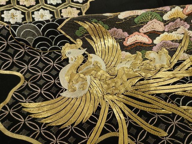 平和屋着物●豪華黒留袖　駒刺繍　道長鳳凰松文　正絹　逸品　AABK1866ck