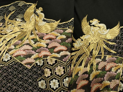 平和屋着物●豪華黒留袖　駒刺繍　道長鳳凰松文　正絹　逸品　AABK1866ck