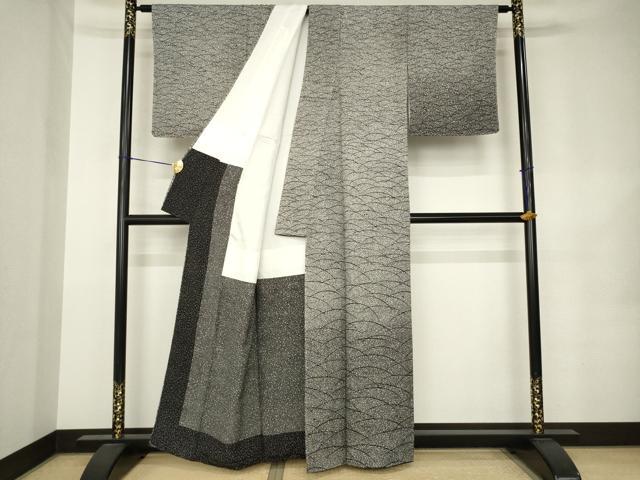 平和屋着物●小紋師　鷲津芳雄　訪問着　芝　黒地　正絹　逸品　AABK1876ck
