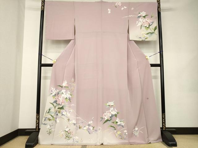 平和屋着物●訪問着　友禅　作家物　草花文　暈し染め　ロング丈　正絹　逸品　AABK1879ck