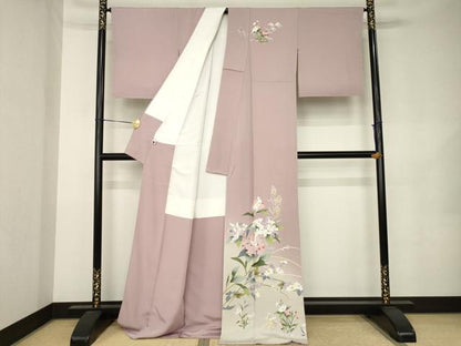 平和屋着物●訪問着　友禅　作家物　草花文　暈し染め　ロング丈　正絹　逸品　AABK1879ck