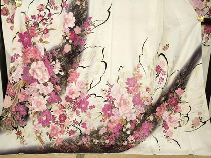 平和屋着物●豪華振袖　刺繍　舞花文　ラインストーン　銀通し地　ロング丈　正絹　逸品　AABK1885ck