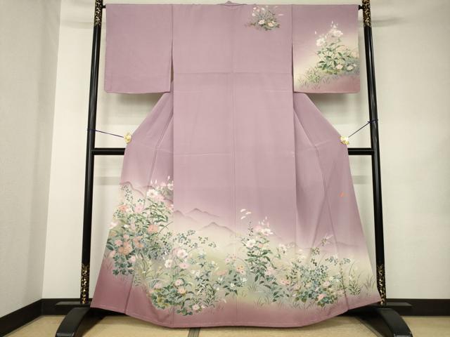 平和屋着物●訪問着　友禅　作家物　遠山草花文　暈し染め　正絹　逸品　AABK1892ck
