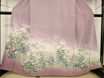 平和屋着物●訪問着　友禅　作家物　遠山草花文　暈し染め　正絹　逸品　AABK1892ck