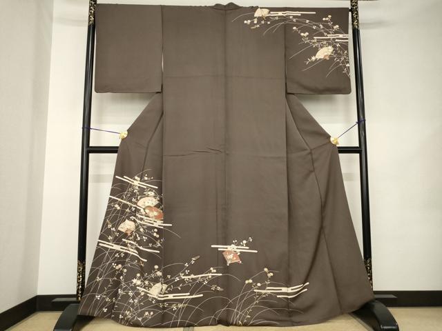 平和屋着物●訪問着　駒刺繍　エ霞扇面花文　正絹　逸品　AABK1899ck