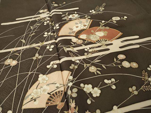 平和屋着物●訪問着　駒刺繍　エ霞扇面花文　正絹　逸品　AABK1899ck
