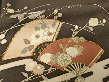 平和屋着物●訪問着　駒刺繍　エ霞扇面花文　正絹　逸品　AABK1899ck