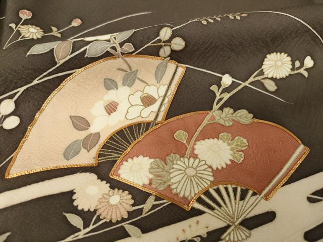 平和屋着物●訪問着　駒刺繍　エ霞扇面花文　正絹　逸品　AABK1899ck