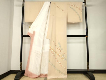 平和屋着物●訪問着　駒刺繍　花唐草文　正絹　逸品　AABK1904ck