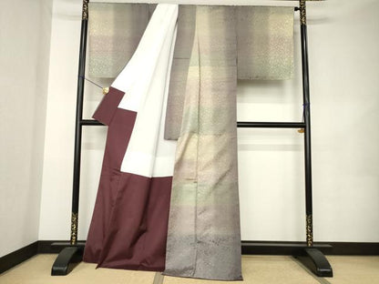 平和屋着物●インド・アッサム　野蚕糸　手織　ムガシルク　野蚕糸紬　花唐草間道　正絹　逸品　未使用　AABK1912ck