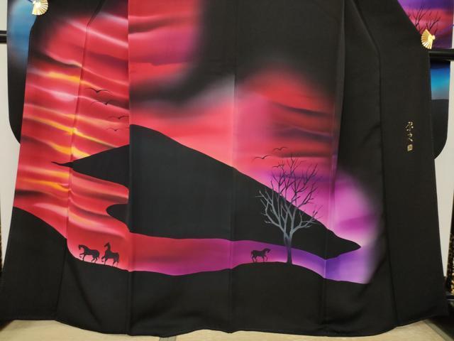 平和屋着物●豪華振袖　作家物　夕暮れ　馬　風景文　黒地　正絹　逸品　AABK1914ck