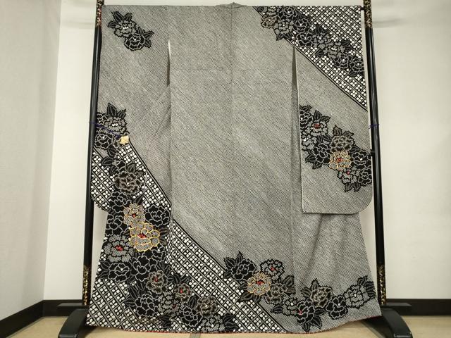 平和屋着物●豪華振袖　総絞り　駒刺繍　舞花文　黒地　金彩　正絹　逸品　AABK1917ck