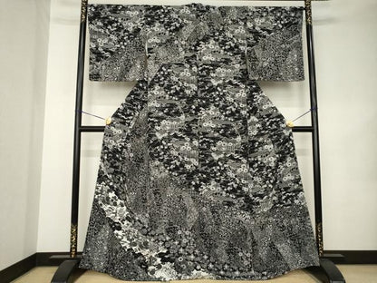 平和屋着物●洗える最高級着物　＜英＞はなぶさ謹製　訪問着　型染め　流水花文　黒地　洗える着物　AABK1919ck
