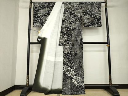 平和屋着物●洗える最高級着物　＜英＞はなぶさ謹製　訪問着　型染め　流水花文　黒地　洗える着物　AABK1919ck