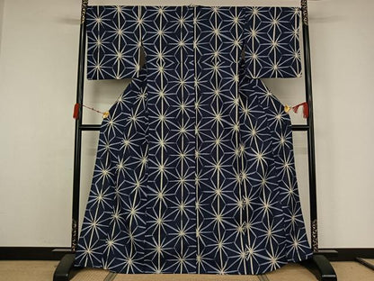平和屋着物▽小紋　単衣　麻の葉文様　洗える着物　AABK1924jh