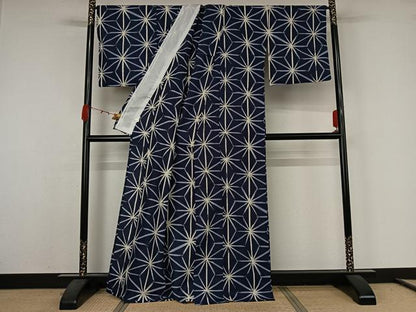 平和屋着物▽小紋　単衣　麻の葉文様　洗える着物　AABK1924jh