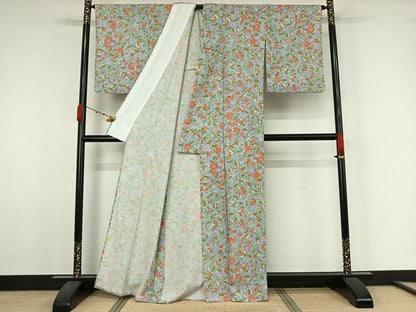 平和屋着物▽小紋　単衣　草花文　洗える着物　AABK1928jh