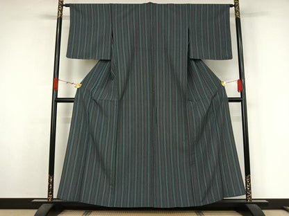 平和屋着物▽小紋　単衣　縞　洗える着物　未使用　AABK1932jh