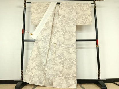 平和屋着物▽本塩沢　単衣　幾何学文様　正絹　逸品　AABK1936jh