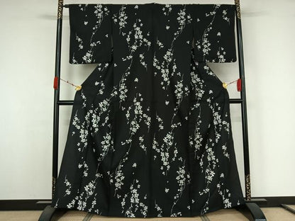 平和屋着物▽小紋　単衣　草花文　黒地　洗える着物　AABK1937jh