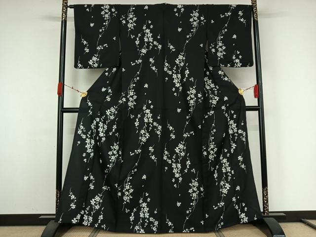 平和屋着物▽小紋　単衣　草花文　黒地　洗える着物　AABK1937jh
