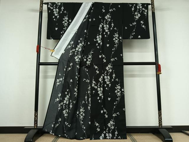 平和屋着物▽小紋　単衣　草花文　黒地　洗える着物　AABK1937jh