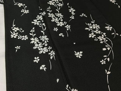 平和屋着物▽小紋　単衣　草花文　黒地　洗える着物　AABK1937jh