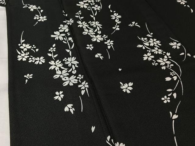 平和屋着物▽小紋　単衣　草花文　黒地　洗える着物　AABK1937jh