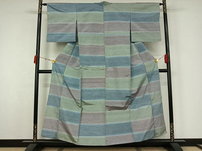 平和屋着物▽上質な紬　単衣　横段文　正絹　逸品　AABK1938jh