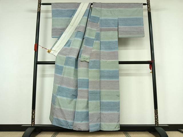 平和屋着物▽上質な紬　単衣　横段文　正絹　逸品　AABK1938jh