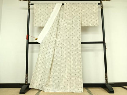 平和屋着物▽上質な紬　単衣　麻の葉文様　正絹　逸品　AABK1941jh