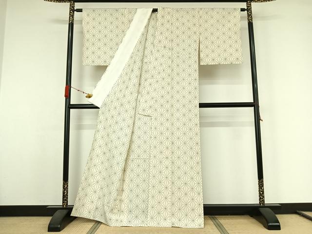 平和屋着物▽上質な紬　単衣　麻の葉文様　正絹　逸品　AABK1941jh