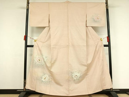 平和屋着物▽訪問着　単衣　紬地　作家物　手描き　草花文　正絹　逸品　AABK1942jh