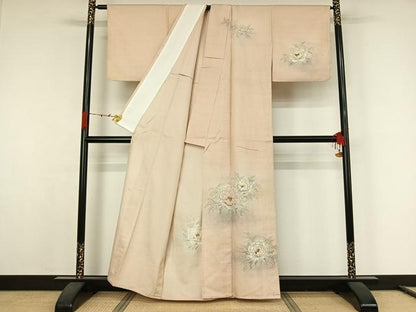 平和屋着物▽訪問着　単衣　紬地　作家物　手描き　草花文　正絹　逸品　AABK1942jh