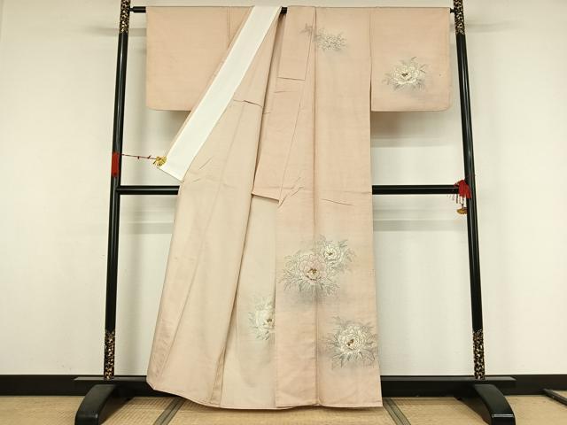 平和屋着物▽訪問着　単衣　紬地　作家物　手描き　草花文　正絹　逸品　AABK1942jh