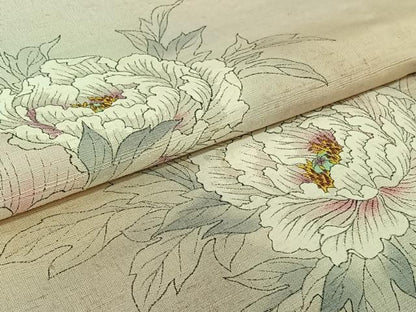 平和屋着物▽訪問着　単衣　紬地　作家物　手描き　草花文　正絹　逸品　AABK1942jh