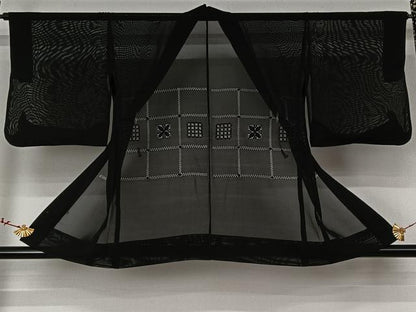 平和屋着物▽羽織　スリーシーズン　春夏秋　塵除け　格子花文　黒地　正絹　逸品　AABK1947jh