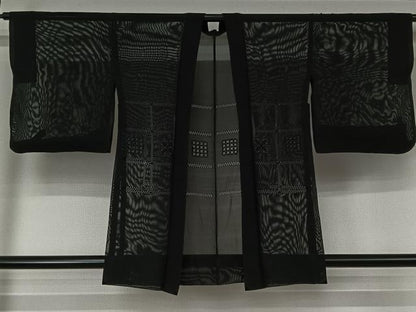 平和屋着物▽羽織　スリーシーズン　春夏秋　塵除け　格子花文　黒地　正絹　逸品　AABK1947jh